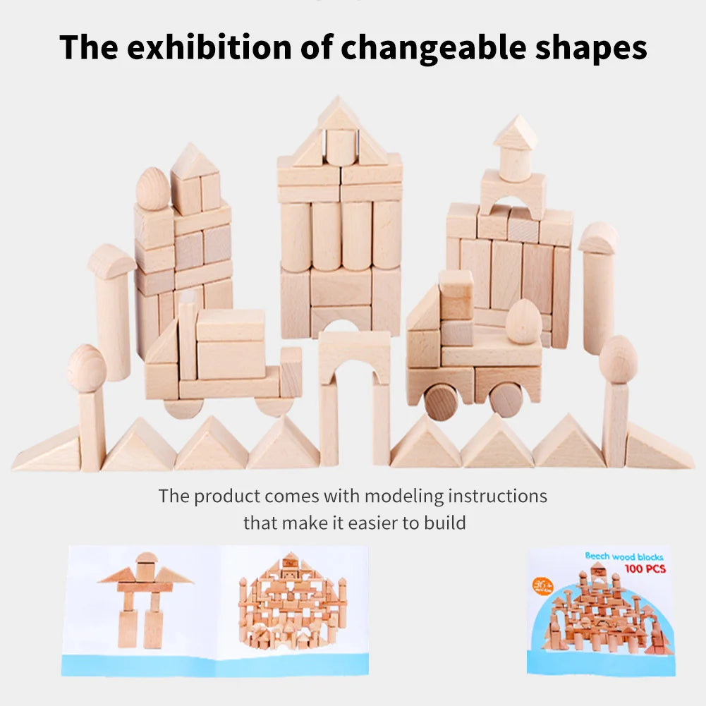 100-Piece Beech Wood Building Blocks for Early Childhood Education